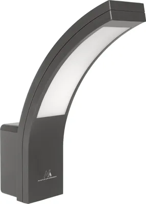 A gray LED outdoor wall light with a curved design.