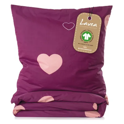 Produktbild von Lavea Milena Kinder Bettwäsche Set 100x135 cm + 40x60 cm - Baumwolle, Herzmotiv, Reißverschluss, Bordeaux Rosa