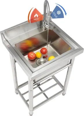 A stainless steel sink with a faucet running water into it, with fruits inside. There are also graphic overlays indicating hot and cold water.