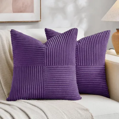 Produktbild von Set aus 2 lila Cord-Kissenbezügen 70x70 cm, weicher, moderner Dekokissenbezug für Sofa, Boho-Dekoration für Sofa, Schlafzimmer, Wohnzimmer und Bett.