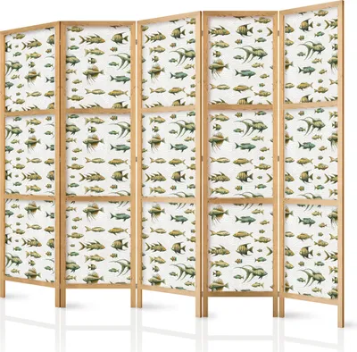 Produktbild von 5-teiliger Einseitiger Vlies Japanischer Paravent - Unusual Species of Fish - a Cluster of Fish in Muted Colors in Retro Style Against a Background of Beige Streaks 225x172 cm Tiere g-H-10109-bh-b