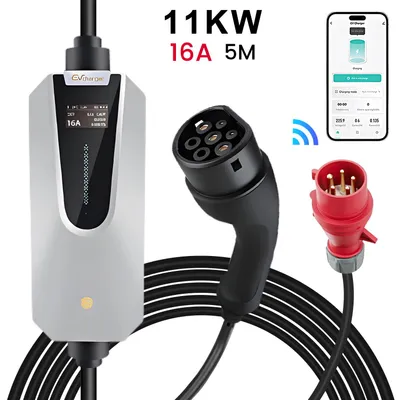 Obrázek produktu pro Hexinex 6–16A Nabíjecí kabel s aplikací – 11 kW, typ 2, třífázový, 5 m  Nástěnná nabíjecí stanice s aplikací, 400 V, LCD displej, IP65, zástrčka CEE