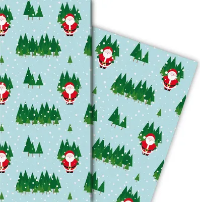 Produktbild von Schnee Weihnachts Geschenkpapier mit Weihnachtsmann im Wald, hellblau - G4777, 32 x 48cm