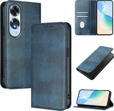 Produktbild von Handyhülle für Oppo A60, Vintage Leder RFID Schutz Kartenfach Standfunktion Magnetische Klapphülle Blau
