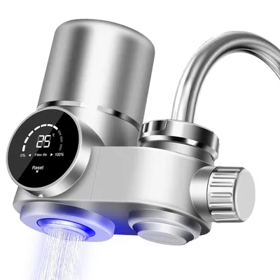 A close-up studio shot of a modern faucet water filter attachment.