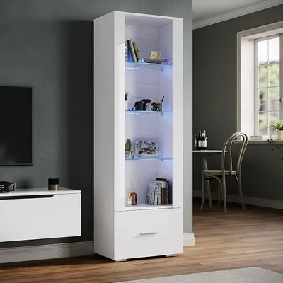 Produktbild von Vitrine mit LED-Beleuchtung, Glasvitrine mit Schubladen, weiß Hochglanzfront, Sammlervitrine, Vitrinenschrank, W550xD350xH1720mm