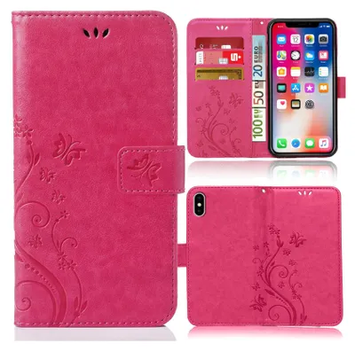 A pink flip phone case with a floral and butterfly design, shown open with a phone and cards inside, and also closed.