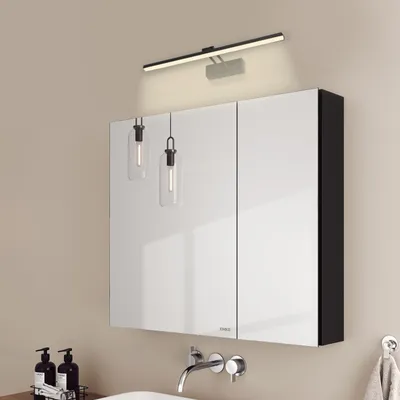 Produktbild von EMKE Spiegelschrank und Spiegellampen,75x65x14.5cm 2 Glasböden Schwarz Badspiegelschrank und Schwarz Wandleuchten Neutral Licht 4200k