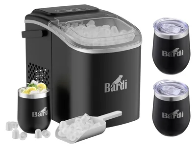 Produktbild von s Komplettset mit 3 doppelwandigen Bardi-Thermosbechern aus Edelstahl – Kaffeetassen; Bardi Deluxe Eiswürfelmaschine – Eisbereiter inklusive Luxus-Thermosbecher und Eisschaufel – 9 Eiswürfel in 8 Minuten – Schwarz