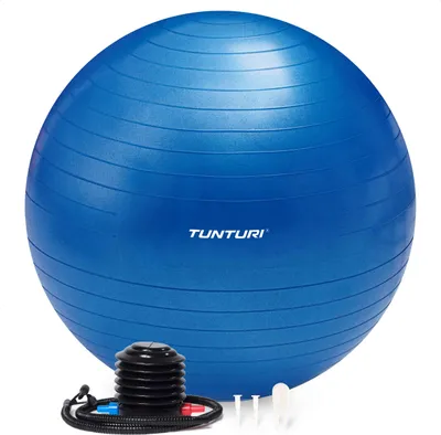 Produktbild von Tunturi Anti Burst Fitnessball mit Pumpe - Yoga-Ball 90 cm - Pilates-Ball - Schwangerschaftsball – 220 kg Benutzergewicht - Inklusive Trainings-App – Blau