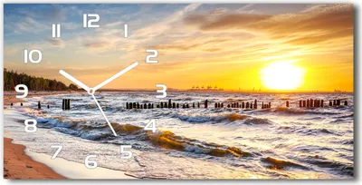 Produktbild von Wanduhr aus Glas – 60x30 cm - Glasbild - Glasuhr - Gehärtetes Glas - weisse-zeiger - Sonnenuntergang am Strand