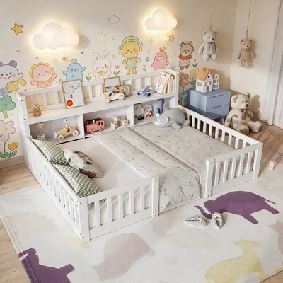 Obrázek produktu pro Postel INONEFT, spodní rám pro dětskou postel 140x200, Montessori postel s bočnicí a poličkou na knihy, dřevěná postel s roštem, postel pro mládež, masivní dřevo, bílá barva