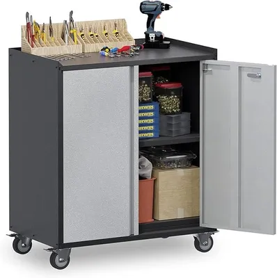 Produktbild von Werkzeugschrank mit Rollen, Metallschrank mit 2 Türen und verstellbaren Einlegeböden, Schrank aus Stahl, abschließbar für Garage, Haus und Büro