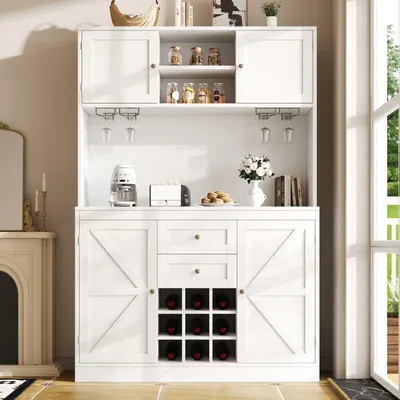 Produktbild von Flieks Hochschrank, 120x40x188cm, Küchenschrank mit verstellbaren Ablagen und Weinregal, Küchenbuffet mit 4 Türen, Highboard im Landhausstil, weiß