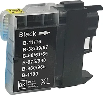 A black and white ink cartridge with text labels.