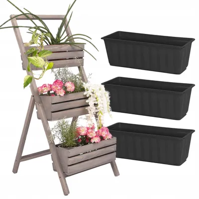Immagine prodotto di Portavasi EcoDeco in legno grigio con 3 ripiani, scaffale per piante a 3 livelli, scaletta per piante per balconi, terrazze e giardini