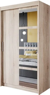 Produktbild von Easy4You R1 120 cm Sonoma Schiebetüren Kleiderschrank 120x216x60 cm mit Spiegel - Schlafzimmermöbel, Aufbewahrung - Mehrzweckschrank