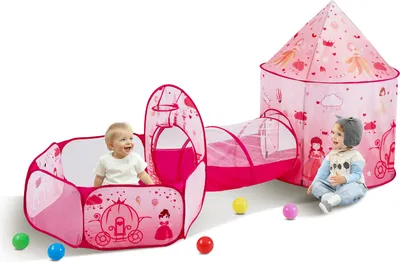 Produktbild von VEVOR 3-in-1-Spielzelt mit Tunnel für Mädchen, Prinzen, Jungen, Babys und Kleinkinder, Pop-Up-Spielhaus für drinnen und draußen mit Tragetasche und Spanngurten als Geburtstagsgeschenk, Farbe Magenta
