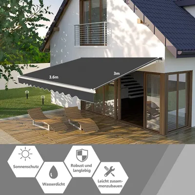 Produktbild von GOPLUS 3,6x3m Gelenkarmmarkise, 40°-100° eingestellt Markise, Balkonmarkise mit Handkurbel, Anti-UV & Wasserfest, Grau