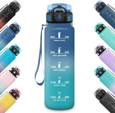 Produktbild von Famanu Trinkflasche 1000 ml mit Zeitmarkierungen - Leckfreie Sport- und Fitnessflasche für Zuhause, Schule und Unterwegs