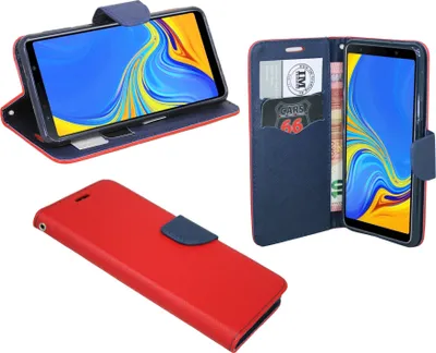 Produktbild von Elegante Buch-Tasche Hülle Smart Magnet kompatibel für Das Samsung Galaxy A7 2018 ( A750F ) Flip Case Leder Optik Wallet Book-Style Cover Schale in in Rot-Blau