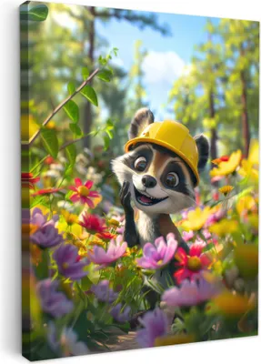Produktbild von MuchoWow® - Leinwandbilder - Waschbär - Natur - Blumen - Bauhelm, Wandbild, Wanddeko Bilder Wohnzimmer, 60x80cm