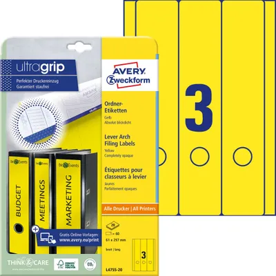 Image de Avery Zweckform® L4755-20 L4755-20 Étiquettes de classeur - larges/longues, (A4 - 20 feuilles) 60 pièces, jaune