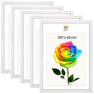 Produktbild von MG Design 5er Set Bilderrahmen Weiß A3 29,7x42 cm - Posterrahmen Echtholz mit Acrylglas, stabile Wandaufhängung, hoch/quer