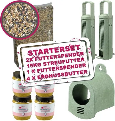 Produktbild von Wildvogel Streufutter & Erdnussbutter Starter Set - 2x Futterspender, 15kg Streufutter, 1x Erdnussbutterspender, 4x Erdnussbutter. 100% Recycelt