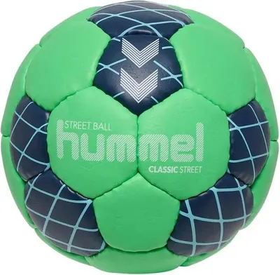 A green and blue handball with the Hummel logo and text on it.