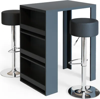 A bar table set with two bar stools on a white background.