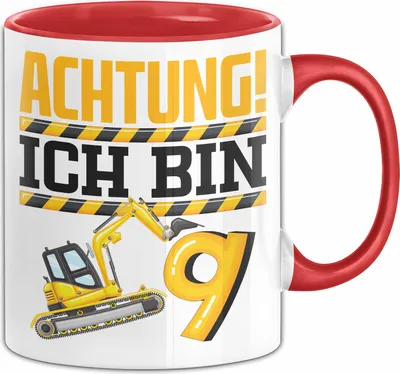 Produktbild von 9. Geburtstag Geschenk Tasse Becher Jungs Baustelle Geburtstagsgeschenk Achtung Ich Bin 9 (Rot)
