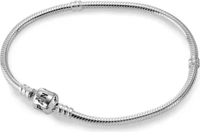 A silver Pandora Moments bracelet with a clasp is shown against a white background.