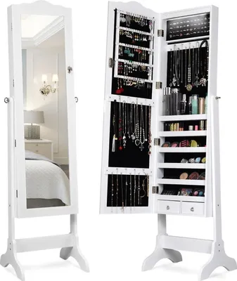 Image de Armoire à bijoux organiseur à bijoux avec porte miroir pleine longueur 41,5 x 37 x 160 cm blanc