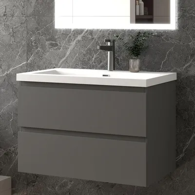 Produktbild von 80 cm Badmöbel-Set Unterschrank mit Rechteckiges Waschbecken 2 Schubladen soft-close Anthrazit Matt Selbstmontierter