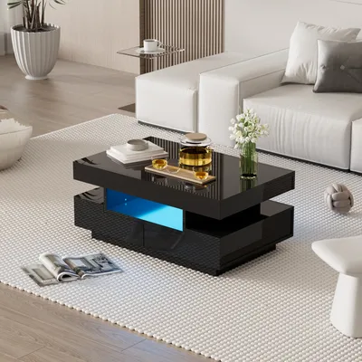 Produktbild von okwish Couchtisch Rechteckig, LED-Hochglanz Beistelltisch für Schlafzimmer, Wohnzimmertische mit Stauraum fürs Wohnzimmer, Beistelltisch mit vier Schubladen,Schwarz