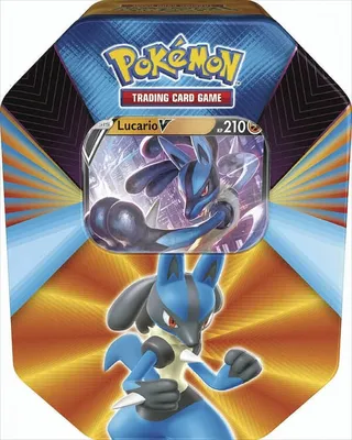 A Pokemon trading card game tin box featuring Lucario V.