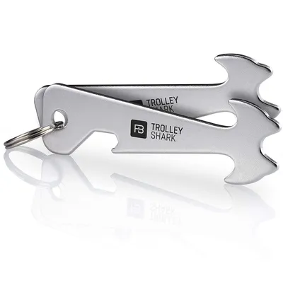 Produktbild von FABACH 2 x Trolley Shark Einkaufswagenlöser Schlüsselanhänger - Abziehbarer Einkaufswagenchip, Einkaufschip für Einkaufswagen aus Edelstahl/Metall - Kein Steckenbleiben im Pfandschloss