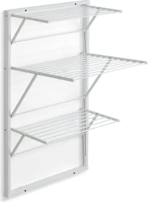 A white wall-mounted drying rack with three shelves.