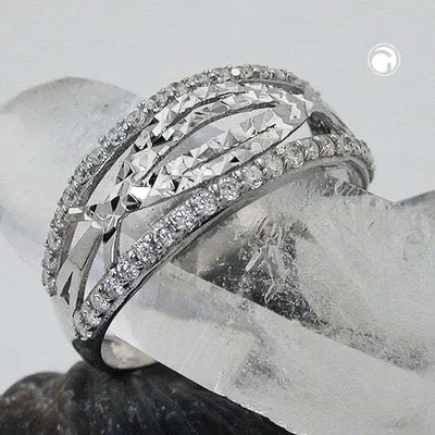 Produktbild von Gr. 58 - Ring 9mm mit Zirkonias glänzend diamantiert rhodiniert Silber 925 Ringgröße 58