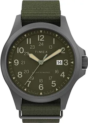 A close-up, front-facing studio shot of a green Timex Expedition North Field Post Solar watch with a gray casing and a green fabric strap.