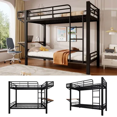 Image de Lit superposé Merax, 90 x 200 cm, avec bureau, lit superposé avec espace de rangement ouvert, échelle et barrière de sécurité, lit pour enfants, lit pour adolescents, noir