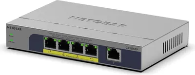 Productafbeelding van NETGEAR GS105PP - Switch - onbeheerd - 1 x 10/100/1000 + 4 x 10/100/1000 (PoE+) - Voor op het bureau, wandmontage mogelijk - PoE+ (83 W)