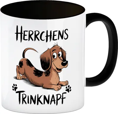 Produktbild von Dackel Cartoon Herrchens Trinknapf Kaffeebecher in schwarz