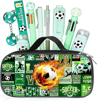 Produktbild von Federmäppchen groß, Fußballmotiv, mit Schlüsselanhänger, Radiergummi und Stift, grün, für Schüler