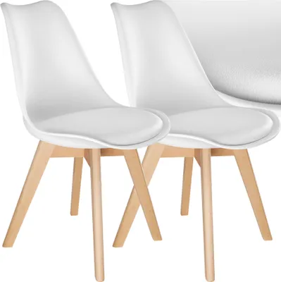 Two white chairs with wooden legs are shown against a white background.