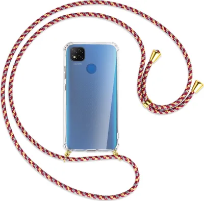 Produktbild von Handykette Backcover-Schutzhülle mit Band (Metall goldfarben) für Xiaomi Redmi 9C - weinrot/gelb/grau