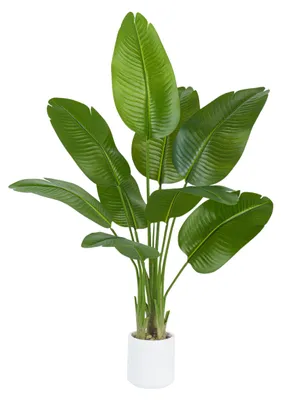 Produktbild von Künstliche Paradiesvogelblume (120 cm), großer künstlicher tropischer Bananenbaum mit 9 Blättern, realistische künstliche Pflanzen im weißen Topf zur Dekoration von Zimmer, Büro, Schlafzimmer und Garten