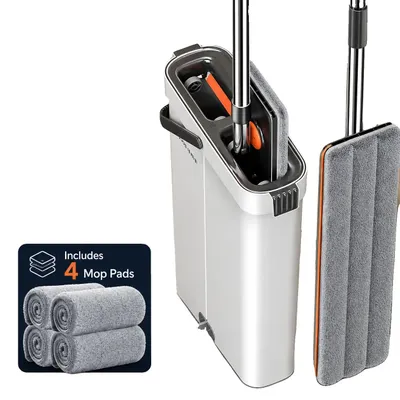 Obrázok produktu pre Sada vedier na mop s funkciou automatického odstreďovania, obsahuje 4 umývateľné utierky, farba: biela