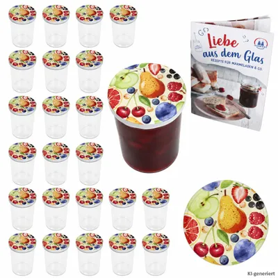 Produktbild von 24er Set Sturzglas 435 ml Marmeladenglas Einmachglas Einweckglas To 82 Comic Obst Deckel incl. Rezeptheft